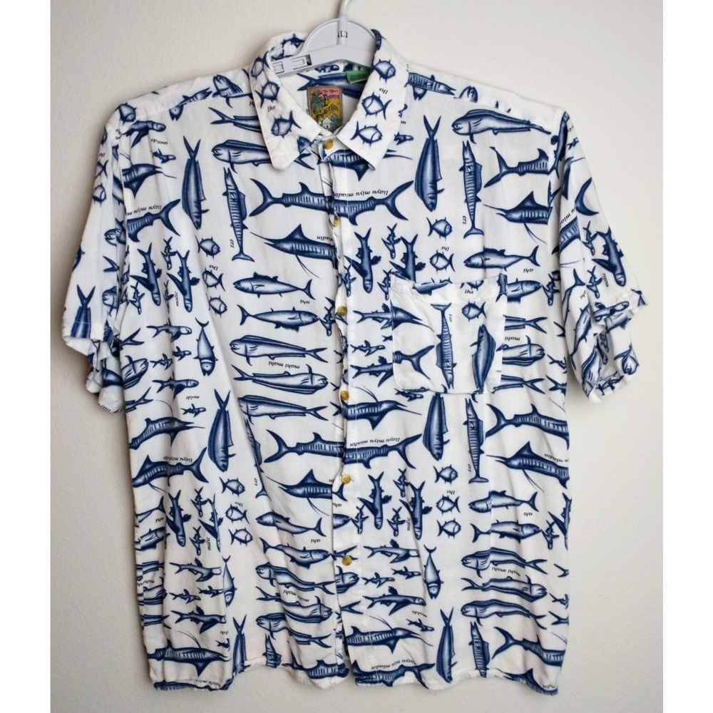 Everest Collection Saltwater Fish Print Button Down. Men's Large. White/Blue